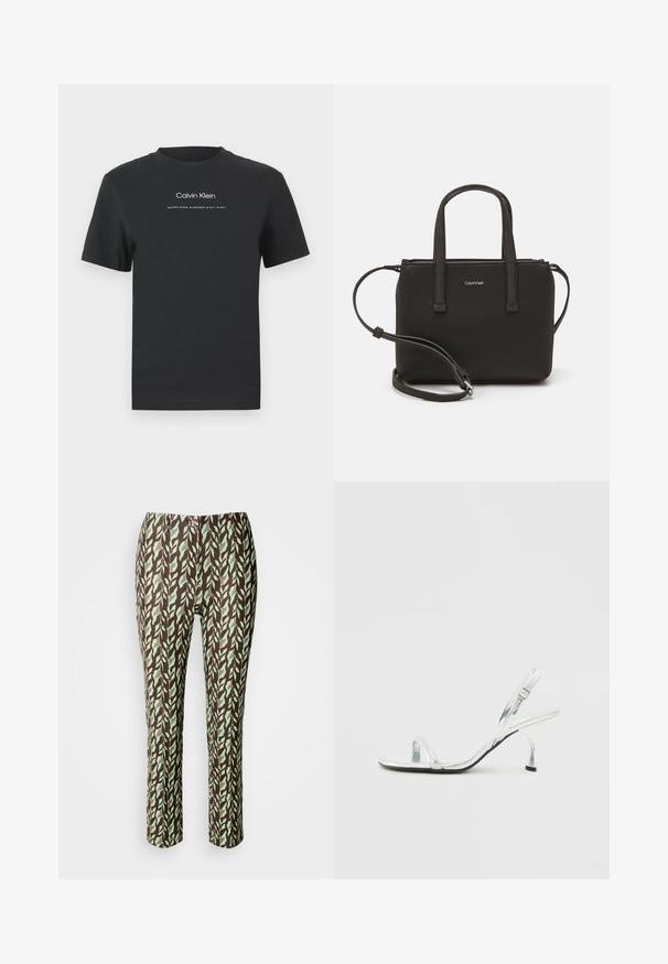Črna bombažna majica s krožnim izrezom, kratkimi rokavi in belim potiskanjem logotipa "Calvin Klein" ter besedilom "Ustanovljen 1968".; Rjave in zelene hlače s patternom listov, oprijete kroja, z gladko teksturo in brez vidnih zaponk ali žepov.; Srebrna patentna usnjena sandala na visoki peti s ozkim pasom za prste, nastavljivim zaponcem in vitkim petami.; Črna torbica z dvema kratkima ročajema in odstranljivim naramnim trakom. Gladek usnju podoben material z zadrgo in podrobnostmi z logotipom.