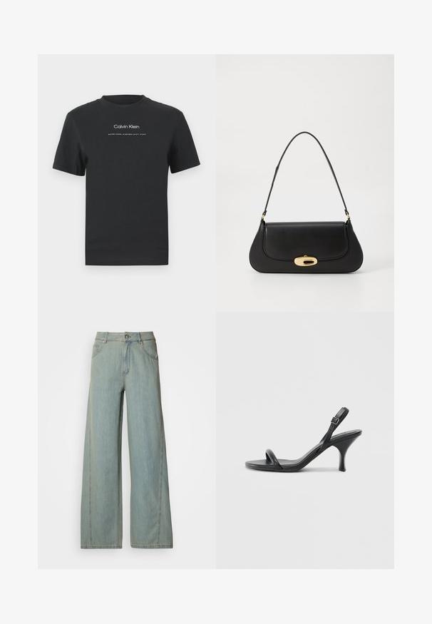 Fekete pamut póló kerek nyakkivágással, rövid ujjakkal, fehér nyomott "Calvin Klein" logóval és "Established 1968" felirattal.; Világoskék, bőszárú farmernadrág, gombos és cipzáras záródással, öt zsebbel és kontrasztos varrási részletekkel.; Fekete bőrből készült, magassarkú szandál, vékony, ívelt sarokkal és keresztben átkötött pántokkal. Állítható bokapánt. Sima felület.; Fekete bőr táska ívelt kialakítással, arany színű fémrészletekkel és felső fogantyúval. Csúszásmentes záródás és sima textúra jellemzi.