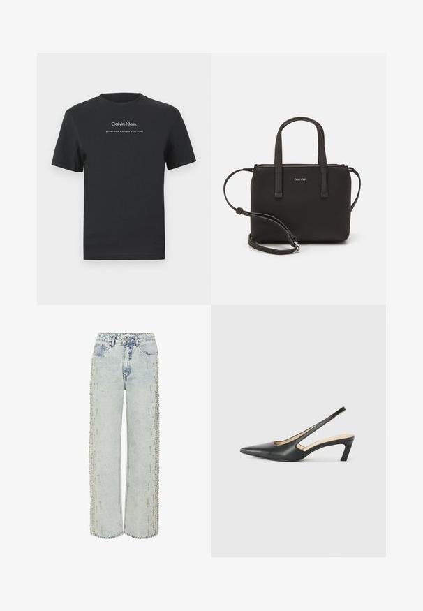 Musta puuvillainen T-paita, jossa on pyöreä pääntie, lyhyet hihat ja valkoinen painettu "Calvin Klein" -logo sekä "Established 1968" -teksti.; Vaaleansiniset farkut rentoa mukavuutta, joissa on koristeellista helmiä sivusaumojen varrella ja klassinen viiden taskun muotoilu.; Musta, kärjeltään terävä slingback-kengä, jossa on matala korko. Kengässä on sileä nahkamateriaali ja sivuilla leikkaukset hengittävyyttä varten.; Musta käsilaukku, jossa on kaksinkertaiset lyhyet kahvat ja irrotettava olkahihna. Silkkinen nahkatunneinen materiaali, jossa on vetoketjukiinnitys ja logoyksityiskohta.