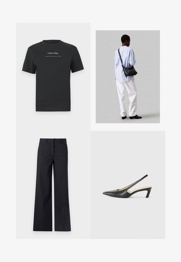 Musta puuvillainen T-paita, jossa on pyöreä pääntie, lyhyet hihat ja valkoinen painettu "Calvin Klein" -logo sekä "Established 1968" -teksti.; Mustat leveälahkeiset housut, jotka on valmistettu puuvillasekoitekankaasta. Ominaisuuksiin kuuluu tasainen etuosa, vyölenkit ja sivutaskut. Sileä pinta, muotoiltu suunnittelu.; Musta, kärjeltään terävä slingback-kengä, jossa on matala korko. Kengässä on sileä nahkamateriaali ja sivuilla leikkaukset hengittävyyttä varten.; Musta nahkainen olkalaukku, jossa on pehmeä rakenne, kolmion muoto ja säädettävä hihna, yhdistettynä vaaleansiniseen raidalliseen paitaan ja valkoisiin housuihin.