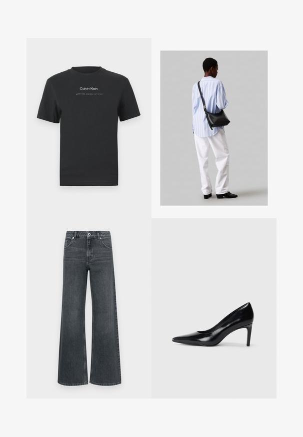 Melna kokvilnas T-kreklā ar apaļu apkakli, īsām piedurknēm un baltu uzdrukātu "Calvin Klein" logotipu un tekstu "Izveidots 1968".; Karl Lagerfeld Jeans RELAXED - Brīva piegriezuma džinsi - washed grey; Melnas ādas augstpapēžu kurpes ar norādītu purngali, gludu tekstūru un šauru papēdi. Minimālistisks dizains, bez papildu rotājumiem.; Melna ādas plecu soma ar mīkstu tekstūru, trīsstūra formu un regulējamu siksnu, apvienota ar gaiši zilu svītrotu krekli un baltām biksēm.