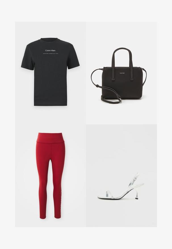 Melna kokvilnas T-kreklā ar apaļu apkakli, īsām piedurknēm un baltu uzdrukātu "Calvin Klein" logotipu un tekstu "Izveidots 1968".; Sarkanas augstās vidukļa pilnas garuma legingu bikses ar redzamām sānu šuvēm un daļēju baltu zīmola logotipu apakšējā labajā kājā uz baltā fona.; Sudraba lakota ādas slingback augstpapēžu sandales ar šauru pirkstu siksniņu, regulējamu sprādzi un smalku papēdi.; Melns roku soma ar divām īsām rokturiem un noņemamu plecu siksnu. Gluda ādas līdzīga materiāla ar rāvējslēdzēja aizdari un logos detaļu.