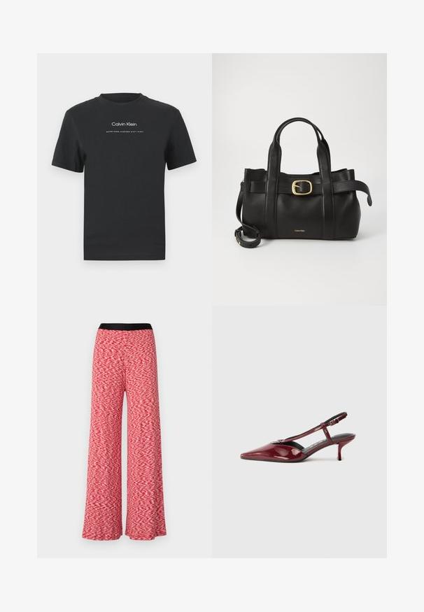 Schwarzes Baumwoll-T-Shirt mit Rundhalsausschnitt, kurzen Ärmeln und weißem Druck des "Calvin Klein" Logos sowie dem Text "Established 1968".; Weite Hose aus einem rot und weißen strukturierten Stoff. Mit einem schwarzen Bund und einem fließenden Design, geeignet für den Alltag.; Glänzende burgunderfarbene Leder-Slingback-Pumps mit spitzem Zehenbereich und T-Riemen sowie silberner Schnalle auf weißem Hintergrund.; Schwarze Lederhandtasche mit strukturiertem Design, doppelten oberen Griffen, goldfarbenem Schnallenakzent und geprägtem Markenlogo auf der Vorderseite.