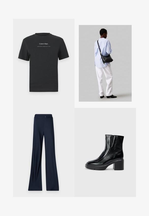 Juodas medvilninis marškinėliai su apvaliu kaklu, trumpomis rankovėmis ir baltu spausdintu "Calvin Klein" logotipu bei tekstu "Įkurtas 1968".; Tamsiai mėlynos plačių kojų kelnės su lygiu paviršiumi, turinčios plokščią liemens juostą ir subtilų metalinį akcentą priekyje.; Juodi lakiniai auliniai batai iki kulkšnies, su išlenktu pirštu, elastinėmis šoninėmis panelėmis ir masyviu blokuotu kulnu. Apdailoje užpakalinėje dalyje įspaustas logotipas.; Juodas odinis petinis krepšys su minkšta tekstūra, trikampiu pavidalu ir reguliuojama juosta, derinamas su šviesiai mėlynu dryžuotu marškinėliu ir baltais džinsais.