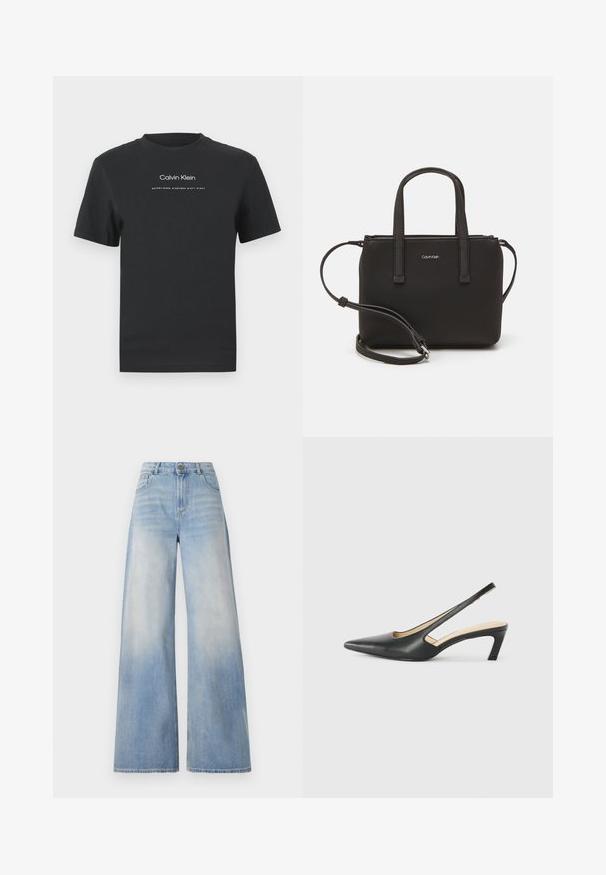 Musta puuvillainen T-paita, jossa on pyöreä pääntie, lyhyet hihat ja valkoinen painettu "Calvin Klein" -logo sekä "Established 1968" -teksti.; Vaaleansiniset leveälahkeiset farkut, joissa on korkeaa vyötäröä, haalistumaa edessä ja klassinen viiden taskun muotoilu napilla.; Musta, kärjeltään terävä slingback-kengä, jossa on matala korko. Kengässä on sileä nahkamateriaali ja sivuilla leikkaukset hengittävyyttä varten.; Musta käsilaukku, jossa on kaksinkertaiset lyhyet kahvat ja irrotettava olkahihna. Silkkinen nahkatunneinen materiaali, jossa on vetoketjukiinnitys ja logoyksityiskohta.