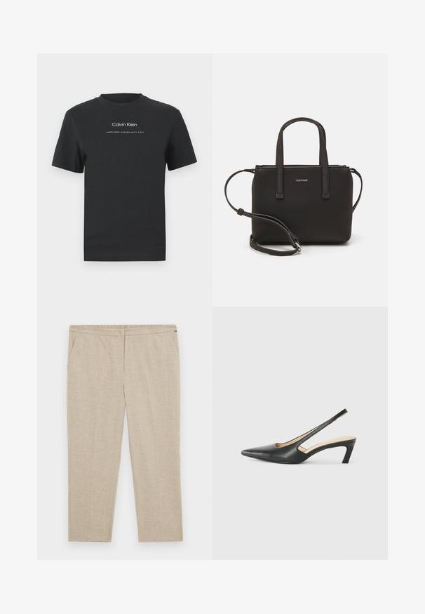 Čierne bavlnené tričko s okrúhlym výstrihom, kratkými rukávmi a bielou potlačou loga "Calvin Klein" a textu "Established 1968".; Tommy Hilfiger Curve Nohavice - classic beige; Čierne slingback topánky s ostrou špičkou a nízkym opätkom, vyrobené z hladkej kože a s výrezmi na boku pre lepšiu priedušnosť.; Čierna kabelka s dvojitými krátkymi rúčkami a odnímateľným ramenným popruhom. Hladký materiál podobný koži s uzatváraním na zips a detailom loga.