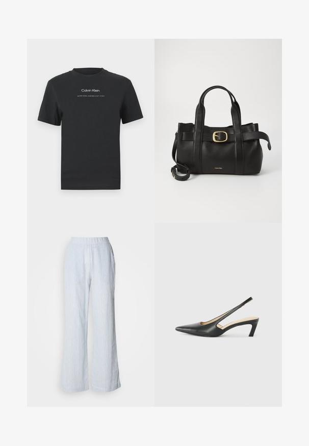 Crna pamučna majica s okruglim izrezom, kratkim rukavima i bijelim otisnutim logotipom "Calvin Klein" te tekstom "Osnovano 1968."; Svijetloplave široke hlače s vertikalnim bijelim i crvenim prugama. Imaju elastiku u struku i bočne džepove. Glatka tekstura slična pamuku.; Crne cipele s izduženim vrhom i remenom oko pete, s niskom petom, izrađene od glatke kože i s izrezbarenom stranom radi prozračnosti.; Crna kožna torba s strukturiranim dizajnom, dvostrukim gornjim ručkama, zlatnim kopčom kao naglaskom i utisnutim logotipom marke sprijeda.