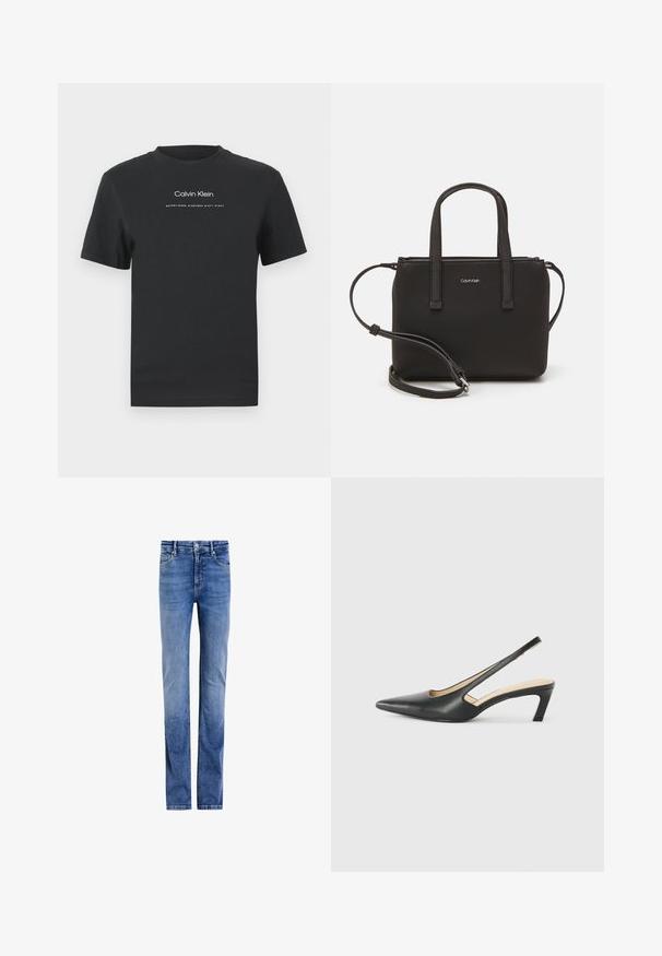 Must musta T-särk, millel on ümmargune kaelus, lühikesed varrukad ja valge trükitud "Calvin Klein" logo ning tekst "Asutatud 1968".; Heledad sinine teksad sirge sääre disainiga, viie tasku stiil ja klassikaline esine nööp. Pleekinud pesu ja peenete kulumisjoontega.; Must mustaga, terav varvas, madala kontsaga sildiga king, mis on valmistatud siledast nahast ja mille küljel on lõike disain hingavuse tagamiseks.; Musthave mustrans vöö ja eemaldatav õlarihm. Gludike nahk siledaga, millel on tõmblukk ja logo detail.