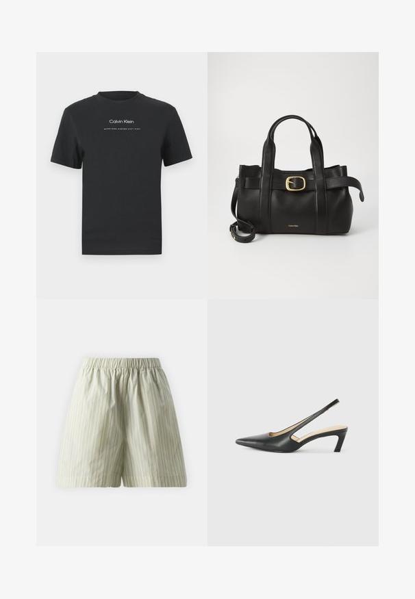 Fekete pamut póló kerek nyakkivágással, rövid ujjakkal, fehér nyomott "Calvin Klein" logóval és "Established 1968" felirattal.; Világoszöld pamut rövidnadrág, függőleges fehér csíkokkal, rugalmas derékpánttal és laza, kényelmes szabással. Sima tapintás.; Fekete, hegyes orrú, slingback cipő alacsony sarkával, sima bőrből készült, oldalt kivágott deisgnal a légáteresztőképesség érdekében.; Fekete bőr kézitáska, amely strukturált kialakítással rendelkezik, dupla felső fogantyúval, arany tónusú csattal és a márka dombornyomott logójával az elején.