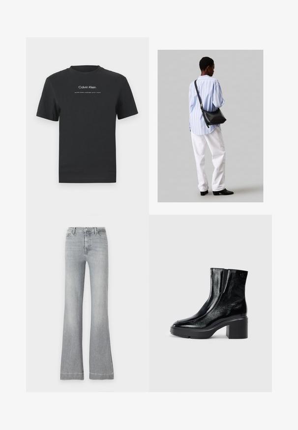 Czarny bawełniany T-shirt z okrągłym dekoltem, krótkimi rękawami i białym nadrukiem logo "Calvin Klein" oraz tekstem "Established 1968".; Jasnoszare dżinsy w stylu dzwonów z wysokim stanem, z przodem zapinanym na guzik i zamek błyskawiczny, pięcioma kieszeniami oraz czystym wykończeniem nogawek.; Czarne lakierowane botki za kostkę z zaokrąglonym noskiem, elastycznymi panelami bocznymi i masywnym obcasem blokowym. Posiadają wytłoczone logo z tyłu.; Czarna skórzana torba na ramię o miękkiej fakturze, w kształcie trójkąta, z regulowanym paskiem, połączona z jasnoniebieską koszulą w paski i białymi spodniami.