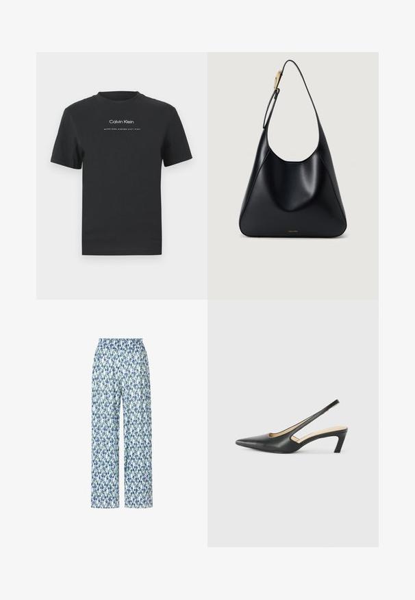 Čierne bavlnené tričko s okrúhlym výstrihom, kratkými rukávmi a bielou potlačou loga "Calvin Klein" a textu "Established 1968".; Nohavice s kvetinovým vzorom, ktoré majú modro-zelený vzor na bielom pozadí, s voľným strihom a elastickým pásom.; Čierne slingback topánky s ostrou špičkou a nízkym opätkom, vyrobené z hladkej kože a s výrezmi na boku pre lepšiu priedušnosť.; Čierna kožená taška cez rameno s hladkou textúrou, zakrivenou siluetou a zlatými kovovými akcentmi. Vytlačené logo značky sa nachádza na spodnej časti.