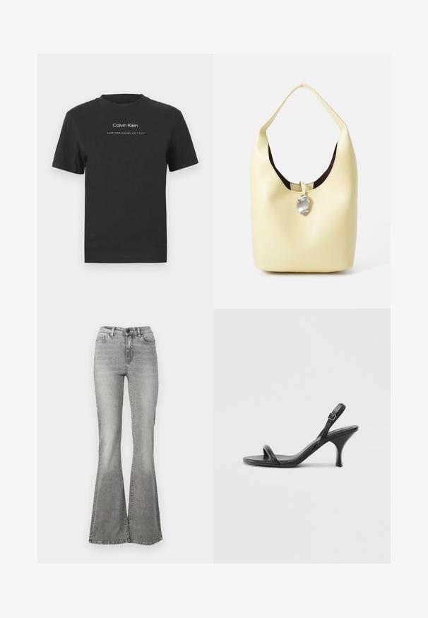 Fekete pamut póló kerek nyakkivágással, rövid ujjakkal, fehér nyomott "Calvin Klein" logóval és "Established 1968" felirattal.; Szürke, bővülő farmernadrág, magas derékkal, elülső zsebekkel és kopott hatással. Az alsó szegély enyhén szélesebb, ami bővülő formát kölcsönöz.; Fekete bőrből készült, magassarkú szandál, vékony, ívelt sarokkal és keresztben átkötött pántokkal. Állítható bokapánt. Sima felület.; Puha sárga bőrből készült hobo táska, lekerekített formával. Simára csiszolt felülettel, sötét belső béléssel és ezüst tónusú díszítéssel a zárnál.