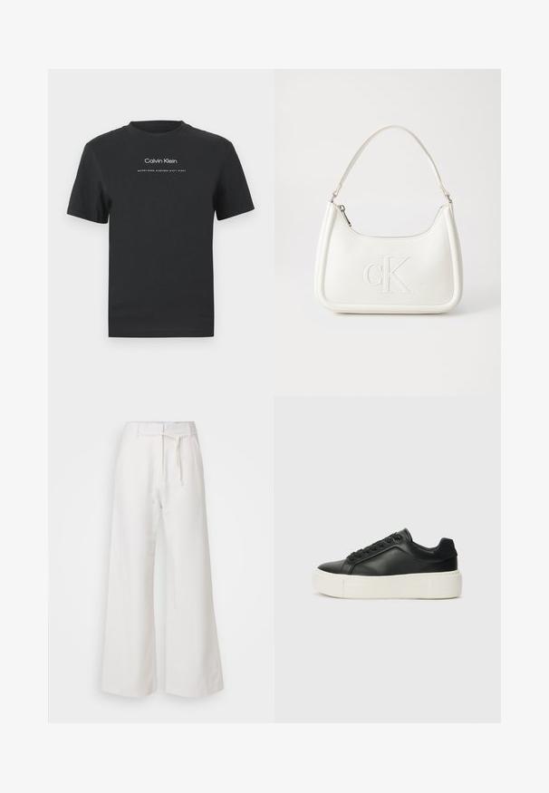 T-shirt en coton noir avec un col rond, des manches courtes, et un logo "Calvin Klein" imprimé en blanc ainsi que le texte "Established 1968".; DAY Birger et Mikkelsen TERRI SOLID - Pantalon classique - cloud cream; Sneaker en cuir noir avec un bout arrondi, semelle plateform blanche et lacets noirs. Présente un logo discret au niveau du talon et une texture lisse.; Sac à main en cuir blanc avec une forme courbée, arborant un logo "CK" embossé à l'avant et une seule bandoulière. Fermeture à glissière en haut.