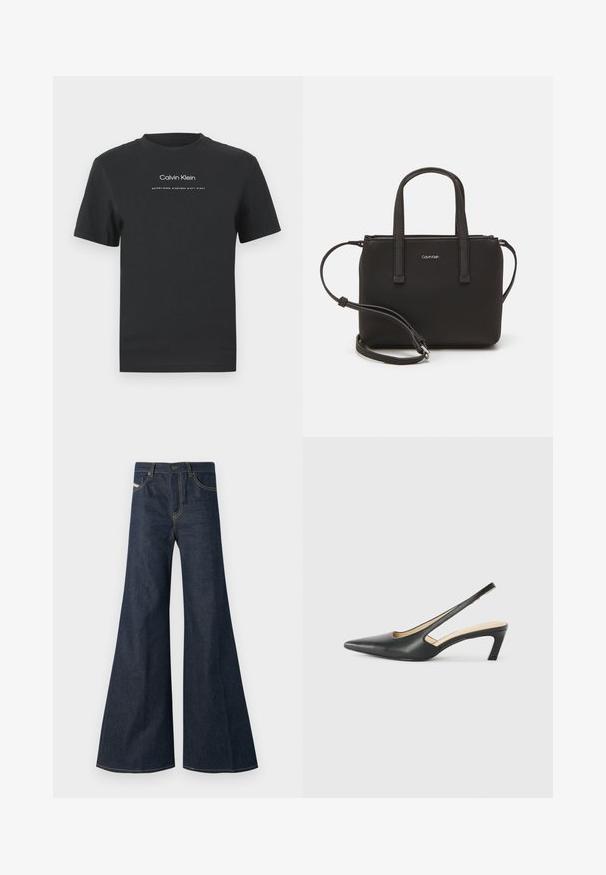 Black cotton T-shirt with a crew neckline, short sleeves, and white printed "Calvin Klein" logo and "Established 1968" text.; Dark blue flared jeans made of denim, featuring a high waist, gold stitching accents, and two front pockets with a button closure.; Black pointy-toed slingback shoe with a low heel, featuring smooth leather material and cut-out design on the side for breathability.; Black handbag with dual short handles and a removable shoulder strap. Smooth leather-like material with a zip closure and logo detail.