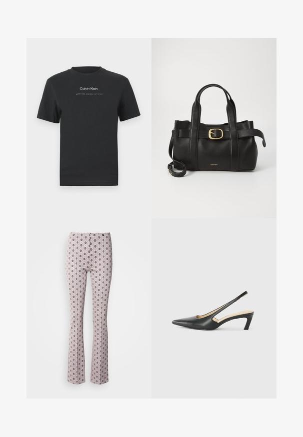 Camiseta de algodón negra con cuello redondo, mangas cortas y logo impreso en blanco de "Calvin Klein" junto con el texto "Establecido en 1968".; Pantalones acampanados de tela rosa claro que presentan un intrincado patrón circular en negro. Diseño estructurado con una cintura alta y sutiles detalles de costura.; Zapato negro de punta afilada tipo slingback con un tacón bajo, que presenta un material de cuero suave y un diseño recortado en el lateral para mayor transpirabilidad.; Bolso de cuero negro con un diseño estructurado, doble mango superior, detalle de hebilla en tono dorado y logo de la marca grabado en la parte frontal.
