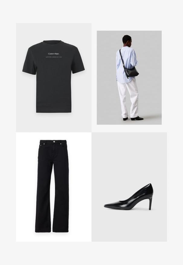 Μαύρη βαμβακερή μπλούζα T-shirt με στρογγυλή λαιμόκοψη, κοντά μανίκια και λευκό εκτυπωμένο λογότυπο "Calvin Klein" καθώς και κείμενο "Established 1968".; Μαύρα τζιν παντελόνια με κανονική γραμμή, διαθέτουν φερμουάρ, πέντε τσέπες και ορατές ραφές. Χωρίς σχέδια ή γραφικά.; Μαύρο δερμάτινο ψηλοτάκουνο παπούτσι με μυτερή μύτη, λεία υφή και κοφτό τακούνι. Μινιμαλιστικός σχεδιασμός, χωρίς επιπρόσθετες διακοσμήσεις.; Μαύρη δερμάτινη τσάντα ώμου με απαλή υφή, τριγωνικό σχήμα και ρυθμιζόμενο λουρί, συνδυασμένη με ένα ανοιχτό μπλε ριγέ πουκάμισο και λευκό παντελόνι.