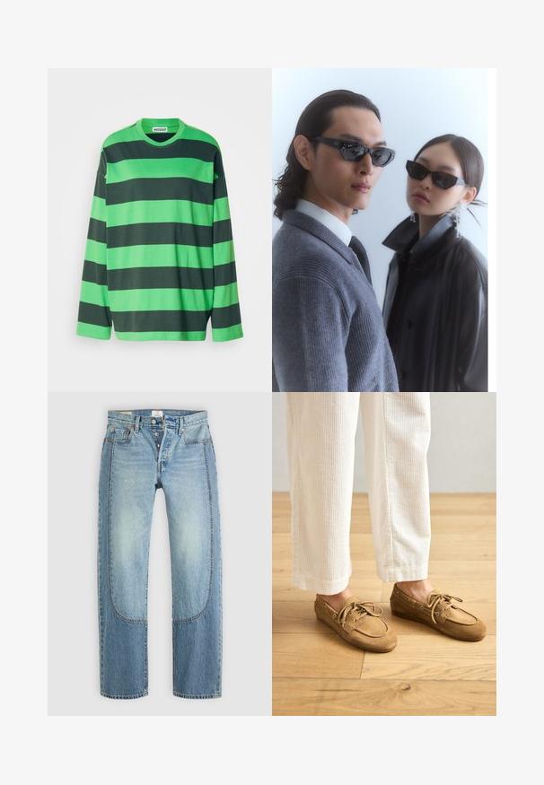 Camisa de manga larga a rayas verde y verde oscuro, hecha de algodón, con un cuello redondo y un diseño de corte recto. Sin acentos ni patrones visibles.; Jeans de mezclilla azul claro con un corte recto y holgado, que presentan detalles de paneles en contraste y un diseño de cinco bolsillos. Cierre de botón.; Zapatos de barco de ante marrón con cordones, con punta redondeada y detalles de costura. Llevados con pantalones de pana blanca en un entorno de madera.; Gafas de sol con montura negra angular en un modelo con un suéter gris, mostrando un tejido texturizado y una chaqueta de cuero negra usada por otro modelo.; Bolso de mano de cuero negro con forma curva, tachuelas doradas a lo largo del borde, correa ajustable y un lazo lateral para un detalle adicional.