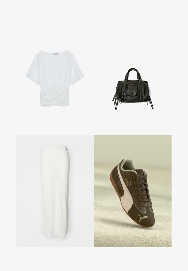 Valkoinen lyhythihainen paita, jossa on rento istuvuus, ja vyötäröllä on poimittu rypytysdesign sekä sileä kangas. Merkki: Anna Field.; Valkoinen maksihame, joka on valmistettu kevyestä kankaasta ja jossa on sileä rakenne. Hameessa on joustava vyötärö, jossa on kiristysnauha säätämistä varten.; Ruskeat Puma-tennarit, joissa on vaalea raita ja logo, nauhoitettuna, lepäävät teksturoidulla vaalealla pinnalla.; Musta nahkainen käsilaukku letitetuilla kahvoilla, vetoketjullinen tasku ja roikkuvat tupsut. Muotoiltu pinta metallisten niittien ja varusteiden korostuksilla.