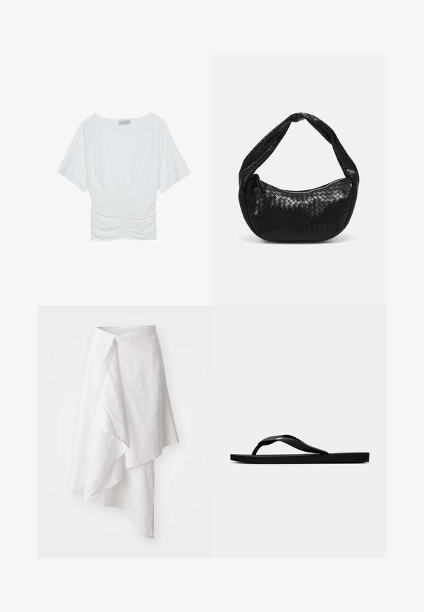 White short-sleeve top with a relaxed fit, featuring a gathered ruched design at the waist and smooth fabric texture. Label: Anna Field.; White wrap skirt made of lightweight fabric, featuring an asymmetrical hemline, smooth texture, and a simple, minimalist design.; Black rubber flip-flop sandal with a textured thong strap and simple flat sole, shown from side on a plain light background.; Black woven leather handbag with a curved shape, featuring a thick handle and a zip closure. Textured surface with a glossy finish.; Silver earrings featuring a circular hoop, adorned with sparkling stones and a teardrop pearl pendant. Distinctive design with intricate accents.