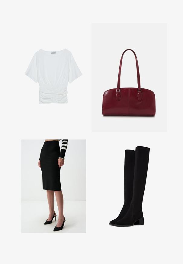 Weißes Kurzarmoberteil mit lockerer Passform, das ein gerafftes Design in der Taille und eine glatte Stofftextur aufweist. Marke: Anna Field.; Schwarzer Bleistiftrock aus glattem Material, mit einer Länge bis zur Mitte der Waden und einer figurbetonten Silhouette. Getragen mit schwarzen spitzen Absatzschuhen.; Schwarze Overknee-Stiefel aus weichem, strukturiertem Material. Mit Blockabsatz, spitz zulaufender Zehenpartie und sichtbaren Nahtdetails.; Zign LEATHER - Handtasche - dark red