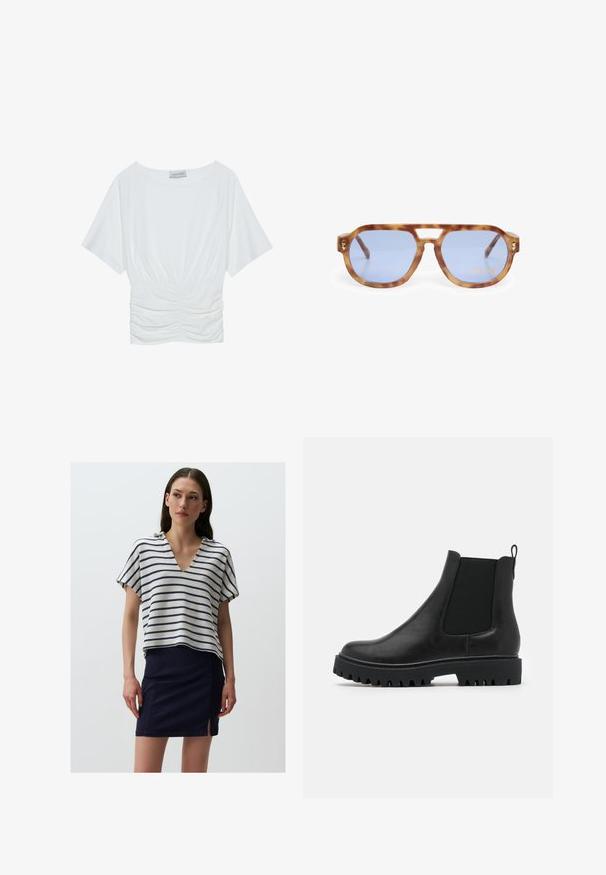 Witte top met korte mouwen in een relaxed fit, met een geraffineerd ruches ontwerp bij de taille en een gladde stoftextuur. Label: Anna Field.; Gestreepte gebreide top met een V-hals, met horizontale marineblauwe en roomwitte strepen. Gecombineerd met een marineblauwe rok met een zijsplit.; Zwarte leren Chelsea-boot met elastische zijpanelen, een trekknoop en een robuuste, dikke zool met diepe groeven voor grip.; Schildpadbril met blauwe lenzen, hoekig ontwerp, dikke rand en uitsparing voor de neusbrug; met een gouden accent op de poot.