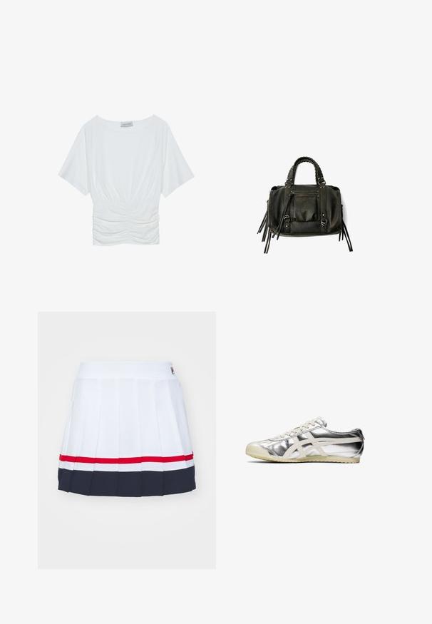 Witte top met korte mouwen in een relaxed fit, met een geraffineerd ruches ontwerp bij de taille en een gladde stoftextuur. Label: Anna Field.; Witte geplooide rok met een brede tailleband, voorzien van rode en marineblauwe strepen langs de zoom. Gemaakt van lichtgewicht stof.; Zilveren metallic sneaker met witte accenten en veters. Beschikt over een gestructureerd oppervlak, een ronde neus en een rubberen zool met een patroon voor grip.; Zwarte lederen handtas met gevlochten handvatten, ritsvak en hangende franjes. Gelaagde oppervlakte met metalen studs en hardwareaccenten.