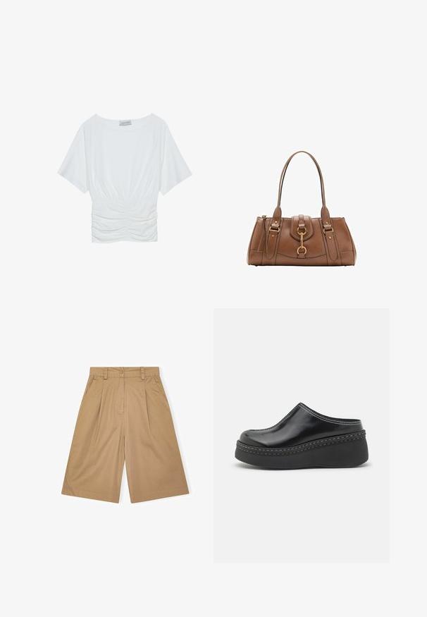 Bílý top s krátkým rukávem a volnějším střihem, s nařaseným designem v pase a hladkým povrchem látky. Značka: Anna Field.; Béžové bavlněné kraťasy s uvolněným střihem, mají sklady, zapínání na knoflík a boční kapsy. Hladký povrch a délka ke kolenům.; Černé lesklé platformové dřeváky se zaoblenou špičkou, zakřiveným svrškem a kontrastním bílým stehem podél okraje podrážky.; Hnědá kožená kabelka s dvojitými uchy, zlatými kovovými detaily a strukturovaným designem. Disponuje centrálním klopovým uzávěrem s detailním poutkem.