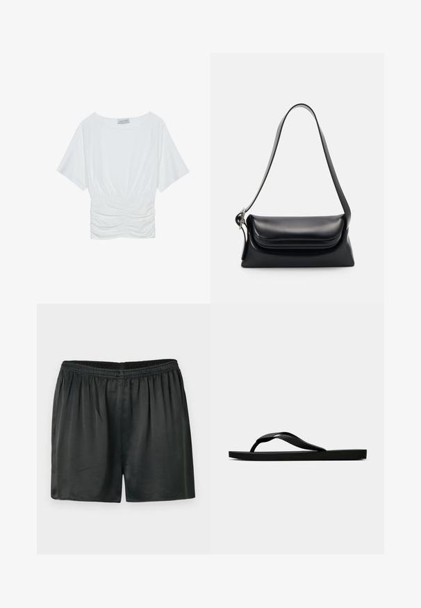 Balta īsām piedurknēm augšdaļa ar brīvu piegriezumu, kas ietver savelku dizainu jostas vietā un gludu auduma tekstūru. Etiķete: Anna Field.; Melnas satīna šortus ar elastīgu jostasvietu, ar gludu tekstūru un brīvu piegriezumu. Nav redzamu kabatu vai rotājumu.; Melna gumijas flip-flop sandaļa ar teksturētu nolaists jostu un vienkāršu plakanā zole, attēlota no sāniem uz vienkārša gaiša fona.; Melnas ādas rokassoma ar strukturētu formu, gludu tekstūru un vienu plecu siksnu. Raksturīga diskreta, noapaļota vāka dizains.