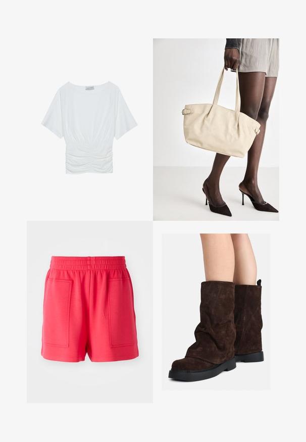 Balta trumpa rankovėmis palaidinė su laisvu siluetu, su susiraukšlėjimu ties juosmeniu ir lygiu audinio paviršiumi. Etiketė: Anna Field.; Raudoni sportiniai šortai iš lengvos medžiagos, su elastinga juosmens juosta ir dviem didelėmis priekinėmis kišenėmis. Lygus paviršius, iki kelių ilgio.; Rudi od suede iki blauzdų aukščio, su juodais gumos padais, dėvimi ant nuogų kojų, rodo lengvą raukšlių susidarymą ant batų šonų.; Kreminė rankinė su lygiu odiniu paviršiumi, išplanuota forma, dviem rankenomis ir šoninėmis sagtimis. Sujungta su elegantiškais juodais aukštakulniais batais.; Kremo spalvos paminkštinta galvos juosta su suktiniu dizainu, derinama su smėlio ir baltos spalvos juostelėmis marškiniais, turinčiais apvalų iškirpimą. Subtilūs papuošalų akcentai.