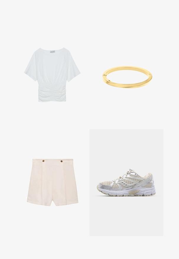 Top alb cu mânecă scurtă, cu o croială lejeră, prezentând un design plisat și adunat la talie și o textură de material neted. Etichetă: Anna Field.; Șorturi de culoare crem, fabricate dintr-un material neted, având două plii frontale, o croială relaxată și două butoane de bronz vizibile la talie.; Pantofila de alergare ușoară, cu un superior din plasă albă cu accente argintii, talpă amortizată și talpă din cauciuc texturat pentru aderență.; Brățară subțire din aur lustruit, cu o formă rotundă și netedă, având o marcă subtilă. Prezintă un design fără cusături și o estetică minimalistică.
