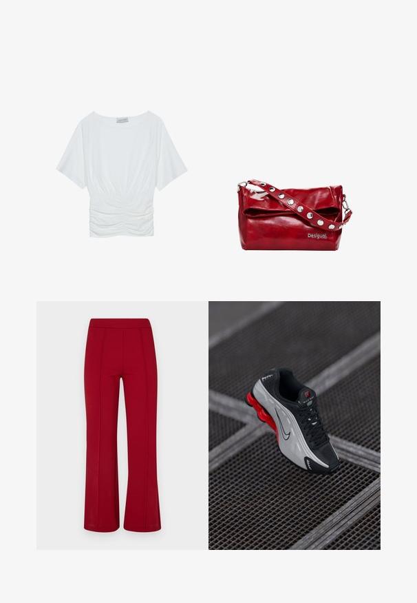 Balta trumpa rankovėmis palaidinė su laisvu siluetu, su susiraukšlėjimu ties juosmeniu ir lygiu audinio paviršiumi. Etiketė: Anna Field.; Raudonos, platėjančios kelnės iš tamprus audinys, pasižyminčios lygiu paviršiumi ir matomomis siūlėmis priekyje. Kišenių nėra.; Juoda ir pilka sportinė avalynė su raudonu paminkštintu padu, juodais raišteliais ir swoosh logotipu, gulinti ant metalinės grotelių paviršiaus.; Raudona sintetinės odos petneša su sulankstomu dangčiu, sidabriniai snapų akcentai ant diržo ir užrašas "Desigual".
