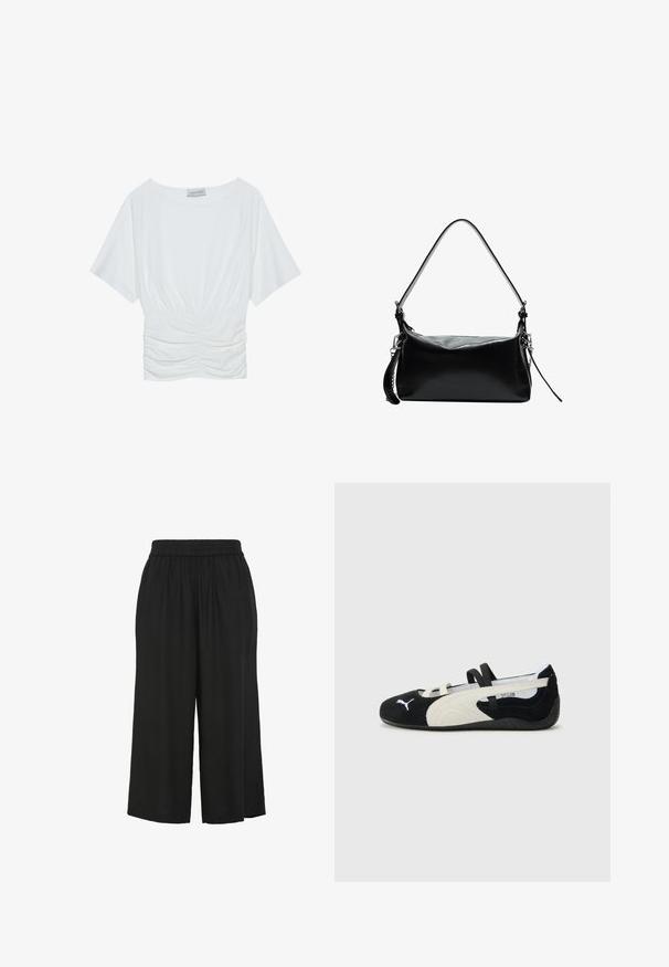 Bela majica s kratkimi rokavi in sproščenim krojem, z nabranim oblikovanjem v predelu pasu in gladko teksturo tkanine. Oznaka: Anna Field.; Črne široke hlače z elastičnim pasom, narejene iz mehkega materiala, z ohlapnim krojem in dolgoščasno dolžino. Brez vidnih zaponk.; Črne in kreme ultra lahke čevlje z zgornjim delom iz semiša, ravnim podplatom, elastičnimi trakovi in majhnim logotipom na prstih.; Črna usnjena torbica z ukrivljenim naramnicami, gladka površina, pravokotna oblika, zadrga in srebrni dodatki.