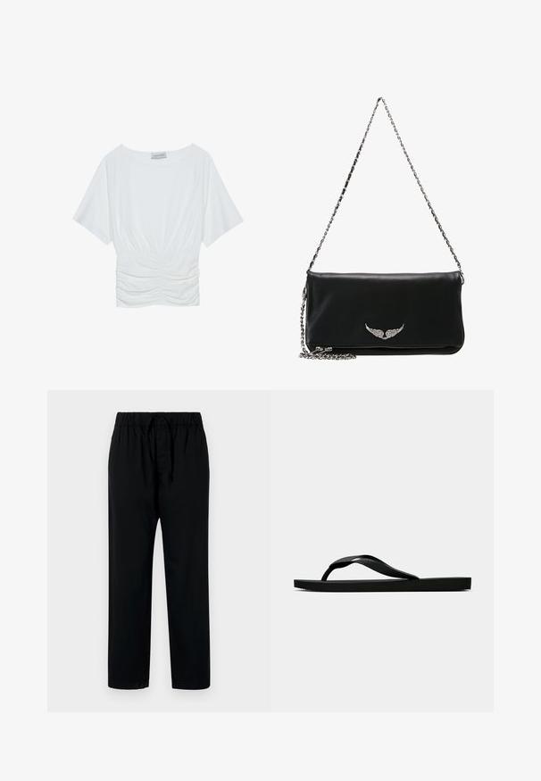 Balta īsām piedurknēm augšdaļa ar brīvu piegriezumu, kas ietver savelku dizainu jostas vietā un gludu auduma tekstūru. Etiķete: Anna Field.; Melnas, brīvi pieguļošas bikses ar elastīgu vidukli un regulējamu auklu. Gluda faktūra, taisna griezuma un bez redzamām rakstu vai metāla detaļām.; Melna gumijas flip-flop sandaļa ar teksturētu nolaists jostu un vienkāršu plakanā zole, attēlota no sāniem uz vienkārša gaiša fona.; Melnas ādas clutch somiņa ar sudraba ķēdes siksnu, priekšpusē ar spārnu emblēmu, gluda tekstūra un rāvējslēdzēja aizdare apakšā.