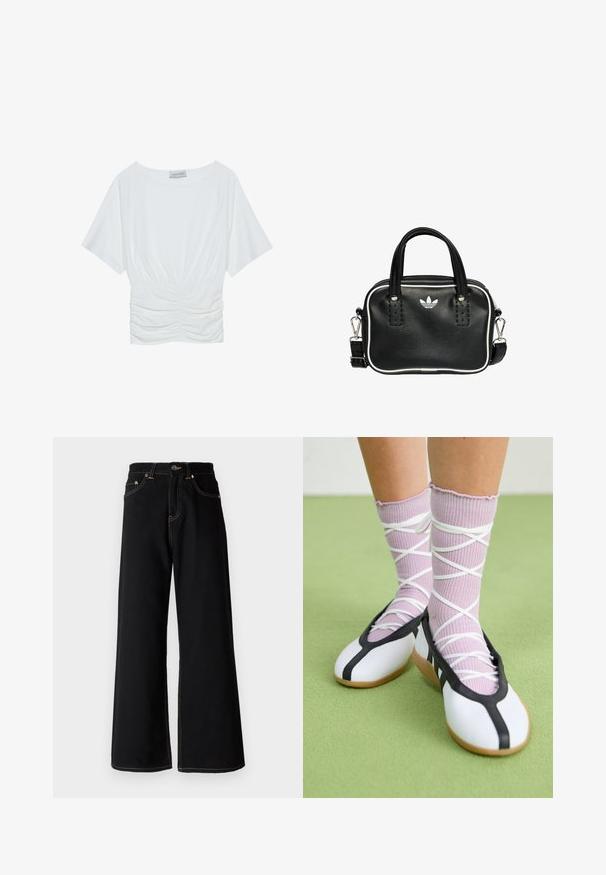 White short-sleeve top with a relaxed fit, featuring a gathered ruched design at the waist and smooth fabric texture. Label: Anna Field.; Black wide-leg jeans made from denim, featuring contrasting yellow stitching, five pockets, and a button-fly closure at the waist.; White flat shoes with a black trim and sole, paired with light purple ribbed socks featuring white crisscross straps. Set on a green background.; Black leather handbag with two short handles, silver hardware, white accents, and a white logo. Features a textured surface and compact design.