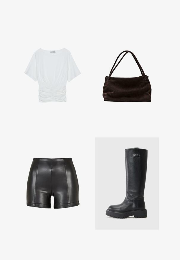 Biały krótki top z luźnym krojem, z marszczonym wzorem w talii i gładką strukturą materiału. Metka: Anna Field.; Czarne szorty z imitacji skóry z wysokim stanem, gładką fakturą oraz widocznym szwem na przodzie i wykończeniu.; Wysokie czarne skórzane botki z zaokrąglonym noskiem, grubą platformą i teksturowanym wykończeniem. Posiadają logo oraz pętelkę z tyłu.; Brązowa torba typu tote ze zamszu z dwoma długimi paskami na ramię, miękka w dotyku i o gładkiej powierzchni. Posiada przestronną, elastyczną sylwetkę.