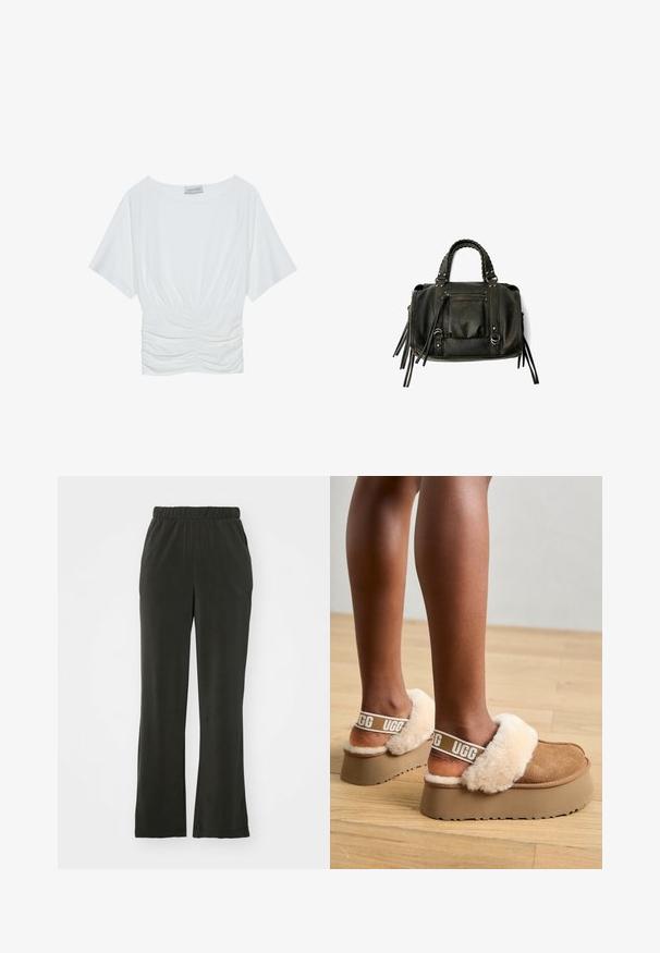 Witte top met korte mouwen in een relaxed fit, met een geraffineerd ruches ontwerp bij de taille en een gladde stoftextuur. Label: Anna Field.; Zwarte, zachte stofbroek met een elastische tailleband, met een ontspannen pasvorm en rechte pijpen. Geen zichtbare patronen of accenten.; Bruine platformslippers met een met bont gevoerde band en zachte beige bontaccenten. Bevat een logo op de band en een gestructureerde buitenzool.; Zwarte lederen handtas met gevlochten handvatten, ritsvak en hangende franjes. Gelaagde oppervlakte met metalen studs en hardwareaccenten.