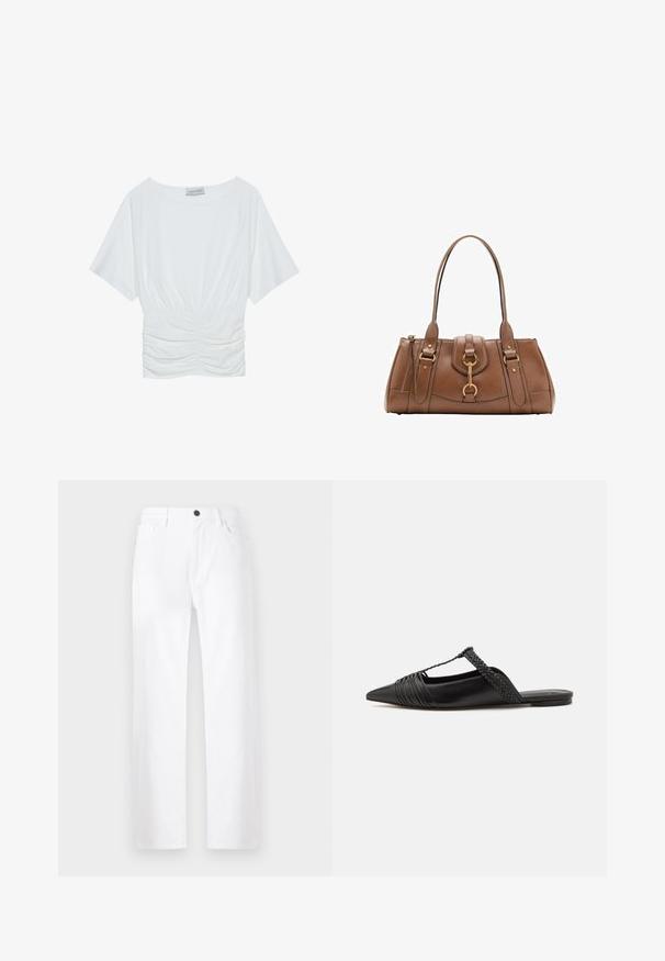 Hvid t-shirt med korte ærmer og en afslappet pasform, der har en samlet rynket design ved taljen og en glat stofstruktur. Mærke: Anna Field.; Hvide brede bukser lavet af denim, med knaplukning, forlommer og et rent design uden synlige mønstre eller detaljer.; Sort læderslyngeback sko med spids tå, der har en vævet detalje og en plisseret overdel. Flad sål med minimal hardware.; Brun læderhåndtaske med dobbelte håndtag, guldfarvede hardwaredetaljer og struktureret design. Har en central klap med en løkke detalje.