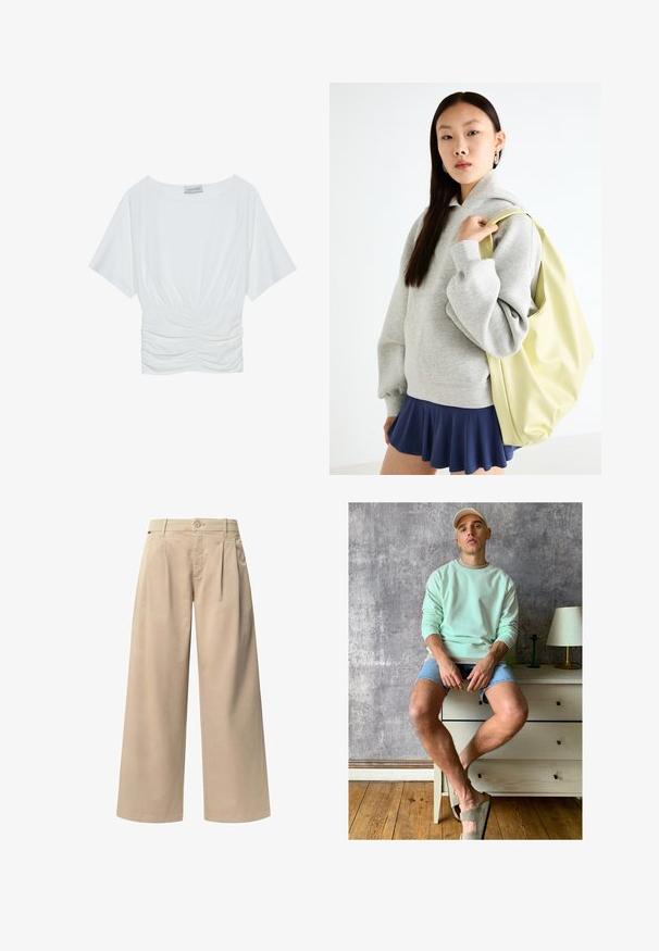 Balta trumpa rankovėmis palaidinė su laisvu siluetu, su susiraukšlėjimu ties juosmeniu ir lygiu audinio paviršiumi. Etiketė: Anna Field.; Bežinės pločio kelnios kelnės su dviem priekinėmis klostėmis, mygtuko uždarymu ir lygiu paviršiumi. Sukurtos komfortui ir laisvam prigludimui.; Mėtų žaliai megztinis, džinsiniai šortai ir alyvuogių žalios spalvos šlepetės. Sėdi ant šviesaus komodos priešais tekstūruotą pilką sieną.; Pilkos spalvos per didelis džemperis su kengūros kišene, derinamas su tamsiai mėlynu plačiu sijonu. Acessuaras: didelė šviesiai geltona kuprinė, lygaus paviršiaus.