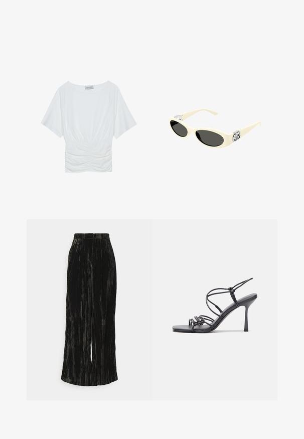 Balta īsām piedurknēm augšdaļa ar brīvu piegriezumu, kas ietver savelku dizainu jostas vietā un gludu auduma tekstūru. Etiķete: Anna Field.; Melnas plecuota platā uzbūve, izgatavota no teksturēta auduma, ar vertikālām svītrām un jostasvietu bez redzamām detaļām.; Melnas augstpapēžu sandales ar plāniem siksniņām un mezgla dizainu, gluda kvadrātveida purngalu un elegantu stiletto papēdi.; Kremkrāsas sauļošanās brilles ar ovālām lēcām, melnu tonējumu un metāla logotipa akcentiem pie tempļiem. Gluda tekstūra, kaķa acs dizains.; Melnas ādas plecu soma ar pusmēness formu, teksturētu virsmu, zelta rāvējslēdzēju un plakanu siksnu. Kompakts dizains, kas piemērots svarīgākajām lietām.; Zelta un sudraba kuloni, kas veidoti ar izliekta, pagarināta formu. Spīdīga virsma ar gludu tekstūru un minimālistisku dizainu.