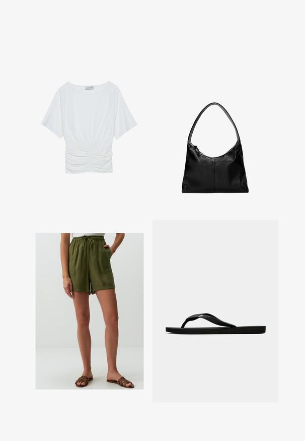 Weißes Kurzarmoberteil mit lockerer Passform, das ein gerafftes Design in der Taille und eine glatte Stofftextur aufweist. Marke: Anna Field.; Jimmy Key HIGH WAIST - Shorts - khaki; Schwarze Gummi-Flip-Flop-Sandale mit einem strukturierten Riemen und einfacher flacher Sohle, von der Seite auf einem schlichten hellen Hintergrund dargestellt.; Schwarze Leder-Umhängetasche mit glatter Textur, geschwungenem oberen Rand und einem einzigen Tragegurt. Sie verfügt über einen Reißverschluss und ein minimalistisches Design.