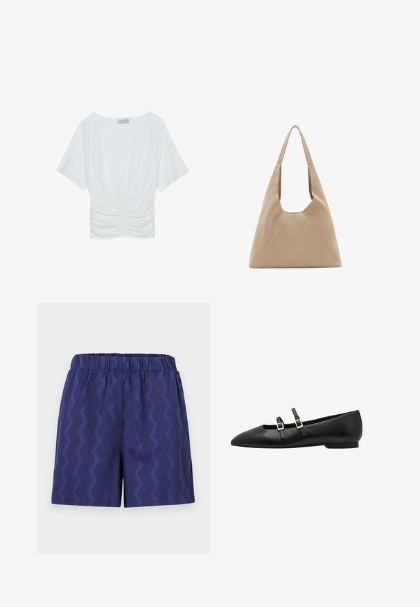 White short-sleeve top with a relaxed fit, featuring a gathered ruched design at the waist and smooth fabric texture. Label: Anna Field.; Navy blue shorts with a textured zigzag pattern, featuring an elastic waistband for comfort and a relaxed fit. Made from lightweight fabric.; Black leather flat shoe with a pointed toe, featuring two black straps and gold square buckles. Smooth texture and low-profile sole.; Beige fabric tote bag with a unique triangular shape, wide shoulder straps, and visible seam details for added structure.