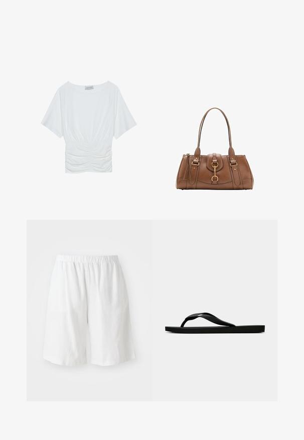 Biały krótki top z luźnym krojem, z marszczonym wzorem w talii i gładką strukturą materiału. Metka: Anna Field.; Białe lniane szorty z elastycznym paskiem w talii, o luźnym kroju i gładkiej fakturze. Nie mają widocznych kieszeni ani ozdób.; Czarne gumowe klapki z teksturowanym paskiem i prostą płaską podeszwą, przedstawione z boku na jasnym jednolitym tle.; Brązowa skórzana torebka z podwójnymi uchwytami, złotymi detalami i strukturalnym designem. Posiada centralną klapę z ozdobnym detalem w postaci pętli.
