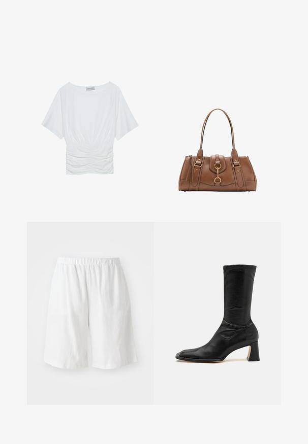 Bijela majica kratkih rukava s opuštenim krojem, koja se ističe nabranoj teksturom na struku i glatkim materijalom. Etiketa: Anna Field.; Bijele lanene kratke hlače s elastičnom trakom u struku, koje imaju opušteni kroj i glatku teksturu. Nema vidljivih džepova ili ukrasa.; Crna kožna gležnjača s prilagođenim okovratnikom, šiljastim vrhom i debelim potplatom. Ima glatku teksturu i minimalne detalje šivanja.; Smeđa kožna torba s dvostrukim ručkama, zlatnim metalnim detaljima i strukturiranim dizajnom. Ima središnju preklopku s detaljem u obliku petlje.