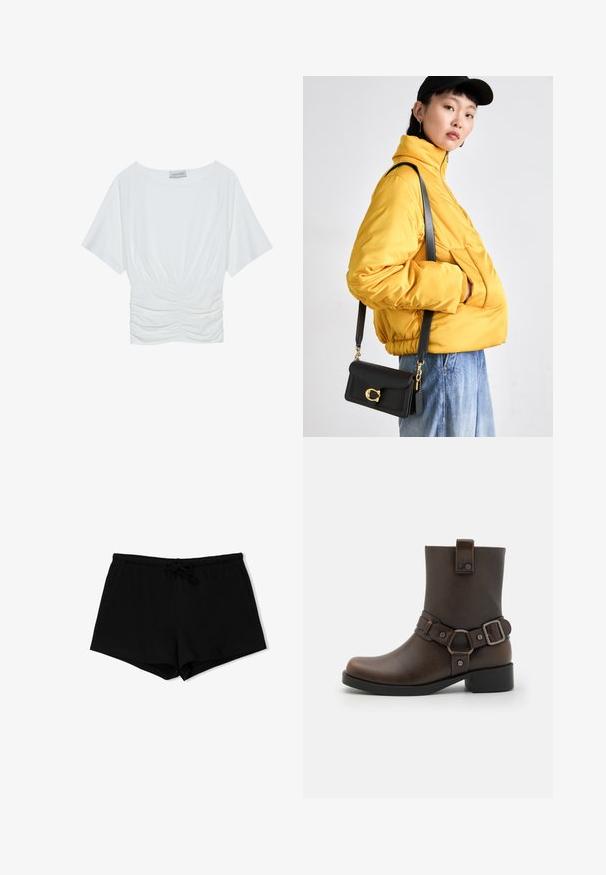 Bílý top s krátkým rukávem a volnějším střihem, s nařaseným designem v pase a hladkým povrchem látky. Značka: Anna Field.; Černé bavlněné kraťasy s měkkou texturou, elastickým pasem a nastavitelnou šňůrkou. Vyznačují se jednoduchým, funkčním designem bez vzorů.; Hnědá syntetická kotníková bota s plochou podrážkou, s dekoračním pásem a detailem s přezkou, hladkým povrchem a designem s kulatou špičkou.; Žlutá vyteplená bunda s vysokým límcem a přední kapsou, doplněná černou kabelkou přes rameno se zlatými detaily. K tomu casual džíny.