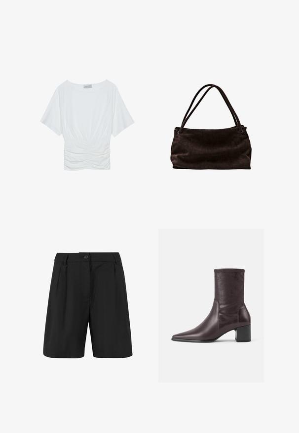 Bílý top s krátkým rukávem a volnějším střihem, s nařaseným designem v pase a hladkým povrchem látky. Značka: Anna Field.; Černé šortky s úpravou na míru, mají přední sklady, plochý přední díl a zapínání na jeden knoflík. Hladká textilie.; Burgundské kotníkové boty vyrobené z hladké kůže s špičatou špičkou a blokovým podpatkem. Složené zpevněné šaty dosahují do poloviny lýtek.; Hnědá semišová taška přes rameno s dvěma dlouhými popruhy, měkkou texturou a hladkým povrchem. Disponuje prostorným, pružným tvarem.