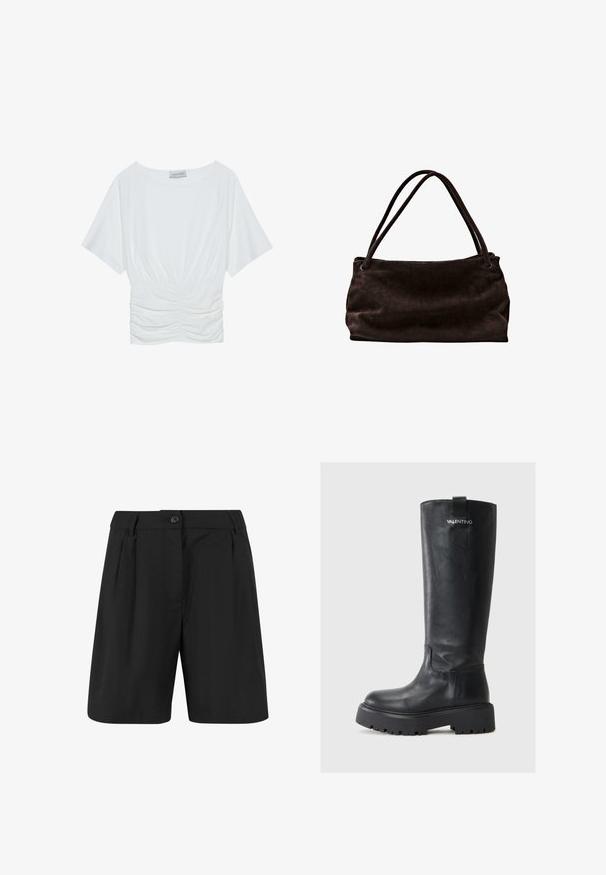 Bílý top s krátkým rukávem a volnějším střihem, s nařaseným designem v pase a hladkým povrchem látky. Značka: Anna Field.; Černé šortky s úpravou na míru, mají přední sklady, plochý přední díl a zapínání na jeden knoflík. Hladká textilie.; Vysoké černé kožené boty s kulatou špičkou, silnou platformou a texturovaným povrchem. Mají logo a poutko na zadní straně.; Hnědá semišová taška přes rameno s dvěma dlouhými popruhy, měkkou texturou a hladkým povrchem. Disponuje prostorným, pružným tvarem.