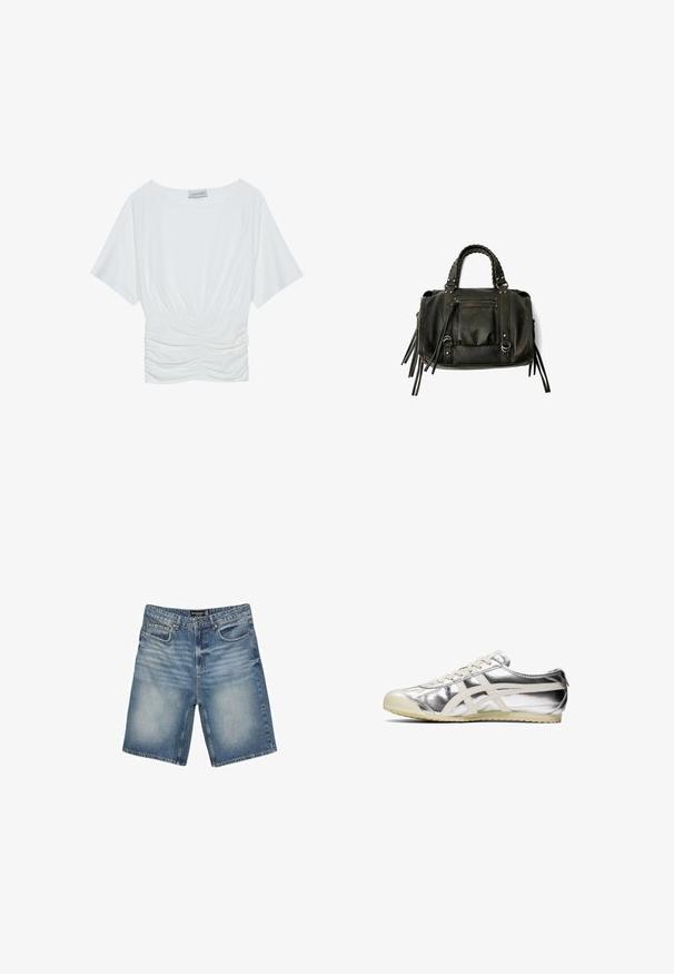 Weißes Kurzarmoberteil mit lockerer Passform, das ein gerafftes Design in der Taille und eine glatte Stofftextur aufweist. Marke: Anna Field.; Hellblaue Denim-Shorts mit einem Bund und Gürtelschlaufen, fünf Taschen und einem leicht verblassten Finish für einen abgetragenen Look.; Silberne metallische Sneaker mit weißen Akzenten und Schnürsenkeln. Verfügt über eine strukturierte Oberfläche, eine abgerundete Zehenpartie und eine Gummi-Sohle mit einem Muster für besseren Halt.; Schwarze Lederhandtasche mit geflochtenen Griffen, Reißverschlussfach und hängenden Quasten. Strukturiert Oberfläche mit Metallnieten und Hardware-Akzenten.