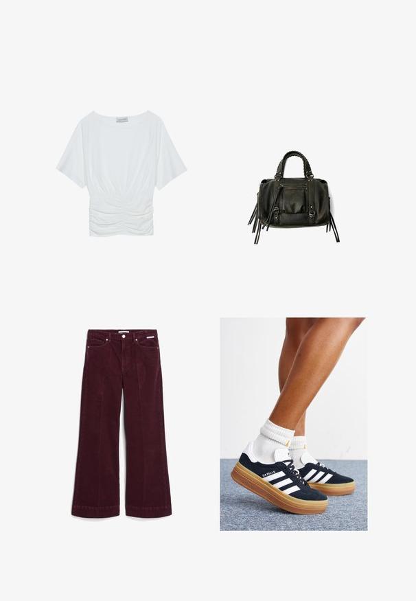 Witte top met korte mouwen in een relaxed fit, met een geraffineerd ruches ontwerp bij de taille en een gladde stoftextuur. Label: Anna Field.; Bordeaux corduroy wijde broek met een gladde textuur, voorzien van twee voorkzakken en een knoopsluiting. Afgewerkte onderkanten maken het ontwerp compleet.; Zwarte suède sneakers met witte strepen en accenten, ronde neus, gum rubberen buitenzool, gecombineerd met witte geribbelde crewkousen.; Zwarte lederen handtas met gevlochten handvatten, ritsvak en hangende franjes. Gelaagde oppervlakte met metalen studs en hardwareaccenten.