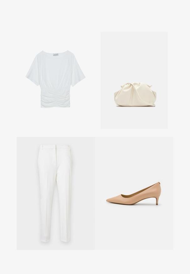 Vit kortärmad topp med en avslappnad passform, med en rynkad design vid midjan och en mjuk tygkvalitet. Märke: Anna Field.; Vit skräddarsydda byxor med slim fit, med en slät yta, platt front och bältestroppar. Inga synliga fickor eller framträdande metallföremål.; Spetsig pumps i ljusbeige läder, med låg klack, slät yta och minimalistisk design med en subtil detalj bak.; Krämfärgad, mjuk konstläderväska med rynkad design, justerbar rem och subtil dragsnörning. Slät textur och rund form.