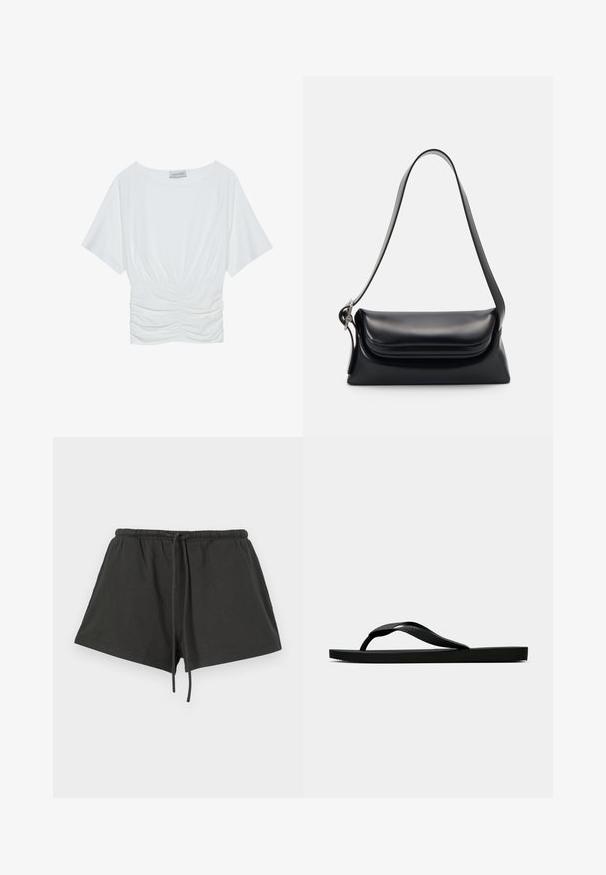 Top blanco de manga corta con un corte holgado, que presenta un diseño fruncido en la cintura y una textura de tela suave. Etiqueta: Anna Field.; Pantalones cortos de algodón negros con cinturilla elástica y cordón ajustable, que presentan un diseño simple y una textura suave. Largo corto y sin estampados.; Chancla de goma negra con una tira de dedo texturizada y una suela plana sencilla, vista de lado sobre un fondo claro y liso.; Bolso de piel negra con una forma estructurada, una textura suave y una sola correa para el hombro. Presenta un diseño de tapa sutil y redondeado.